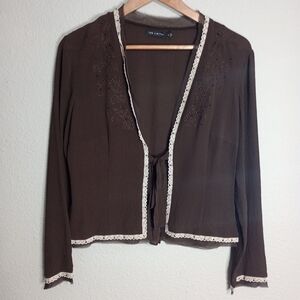 Y2K The Limited Front Tie Silk Bolero Shrug Floral Embroidered Detail Lace Trim